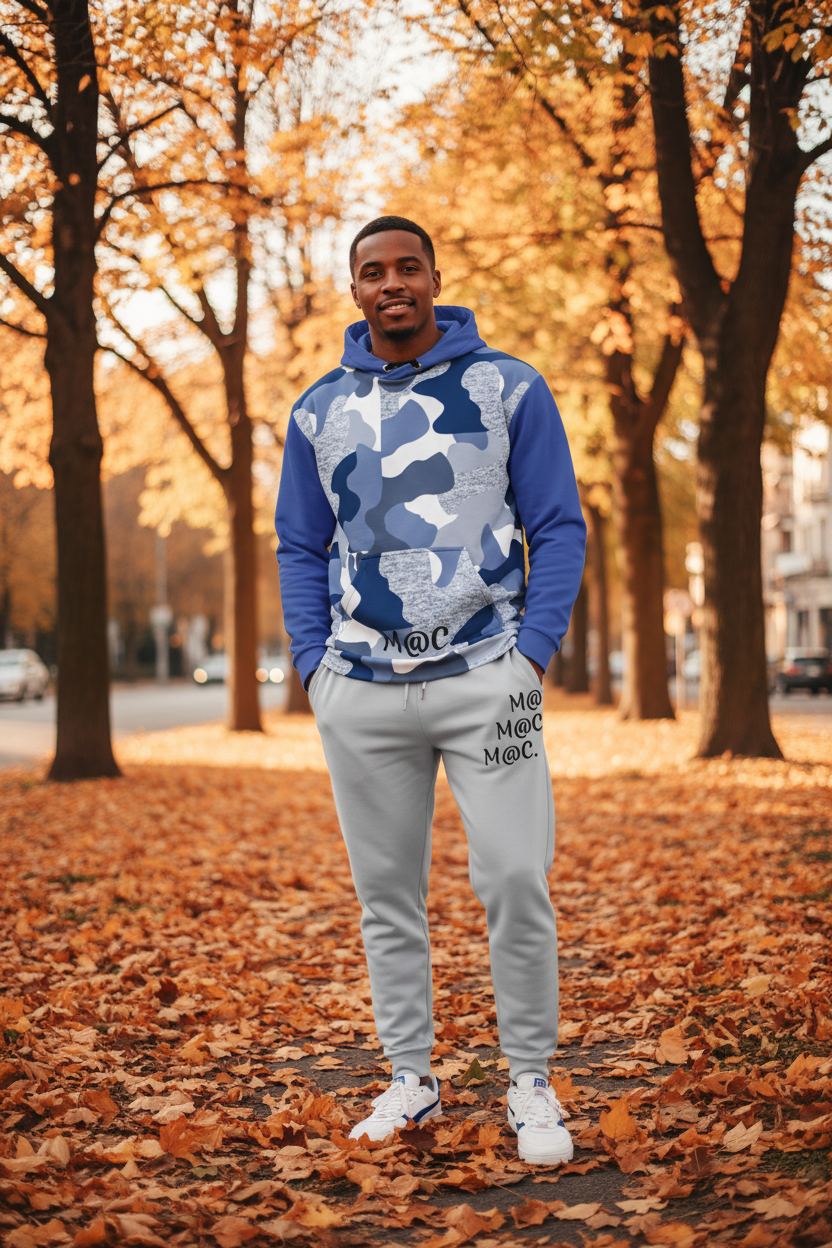 Coordinato uomo felpa camouflage blu e jogger grigio M@C. in città autunnale
