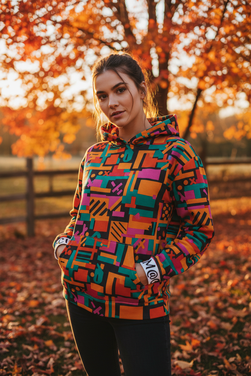 Donna con felpa stampa all over M@C. in ambientazione autunnale outdoor