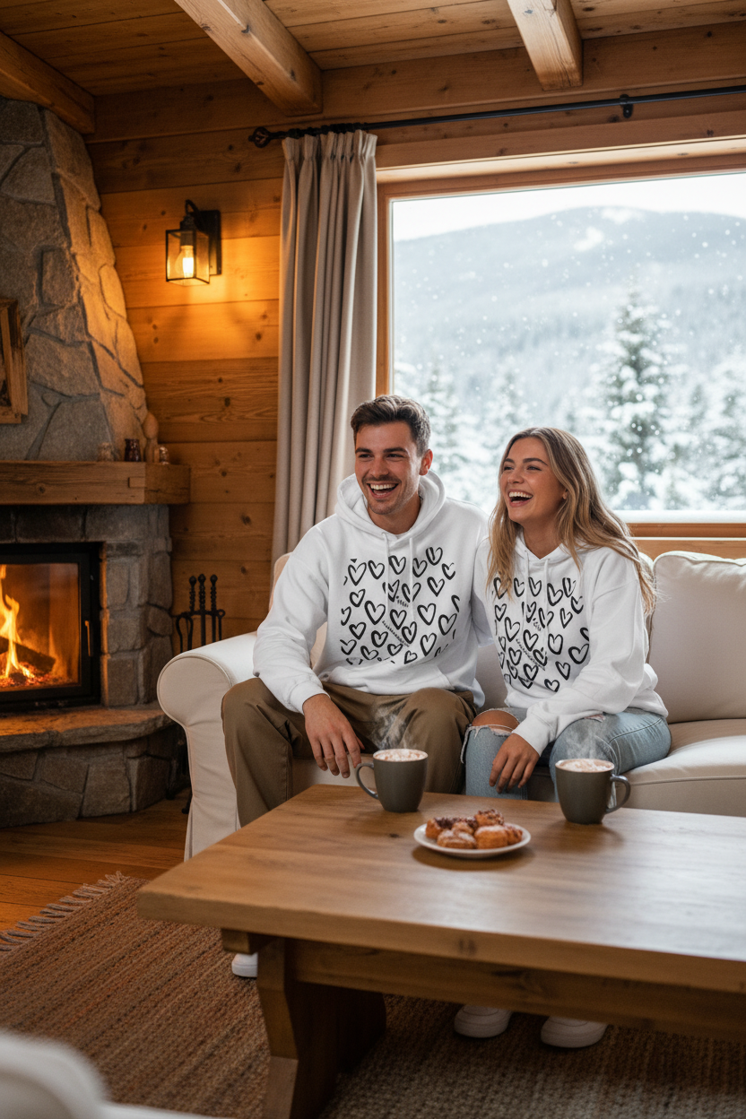 Felpa con cappuccio bianca a cuori neri - gruppo di amici al rifugio di montagna