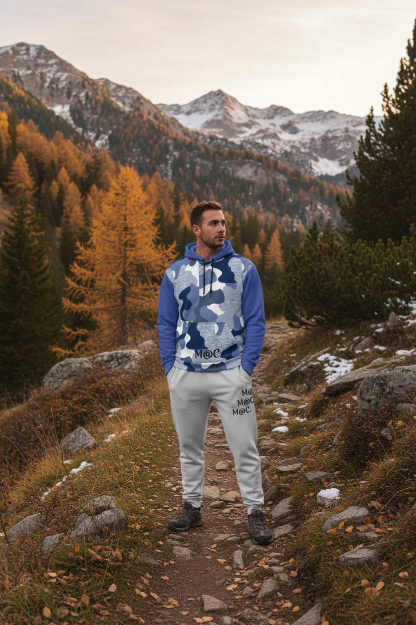 Coordinato uomo jogger grigio M@C. e felpa camouflage blu in montagna