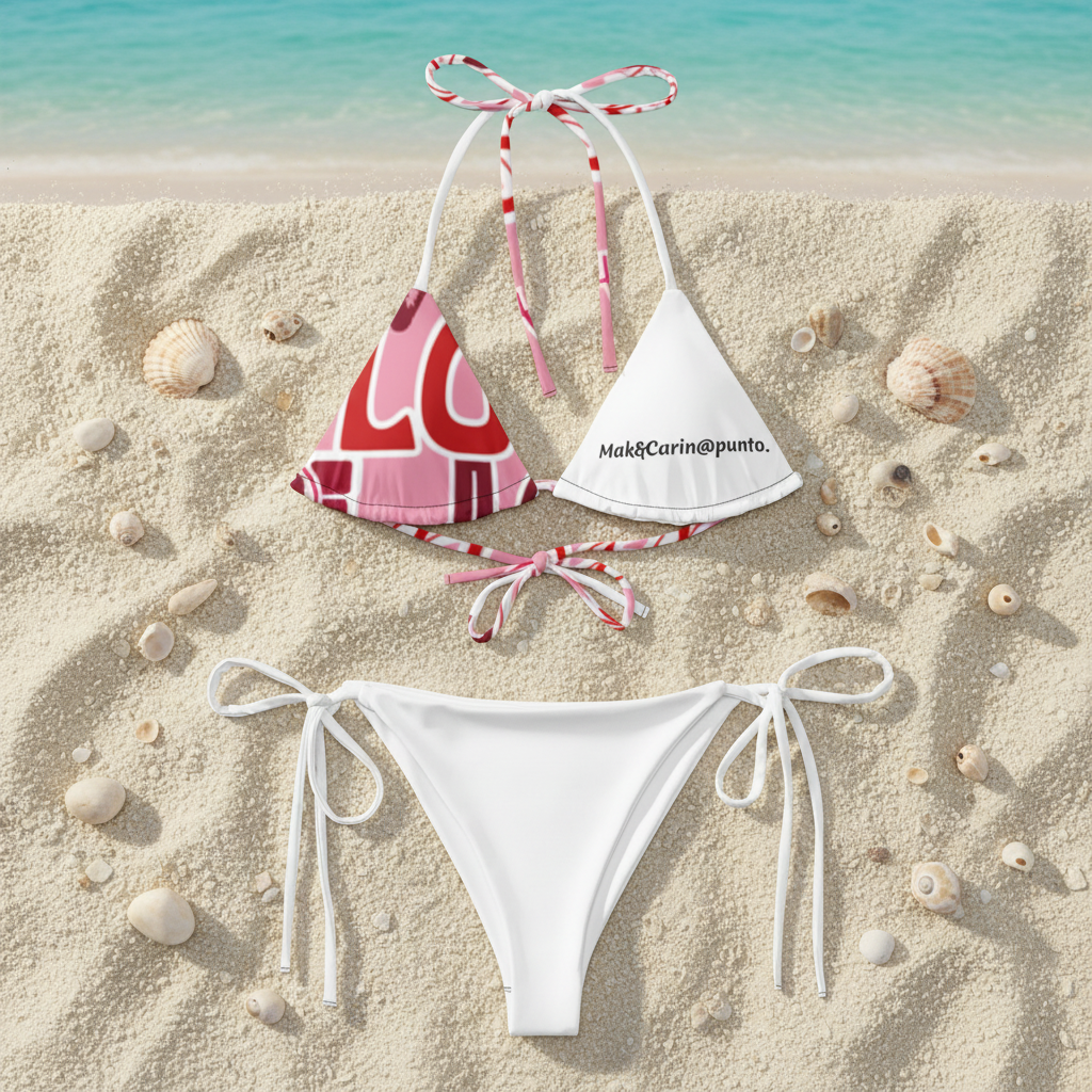 Flat lay bikini M@C. stampa cuori sulla sabbia bianca con il mare turchese sullo sfondo
