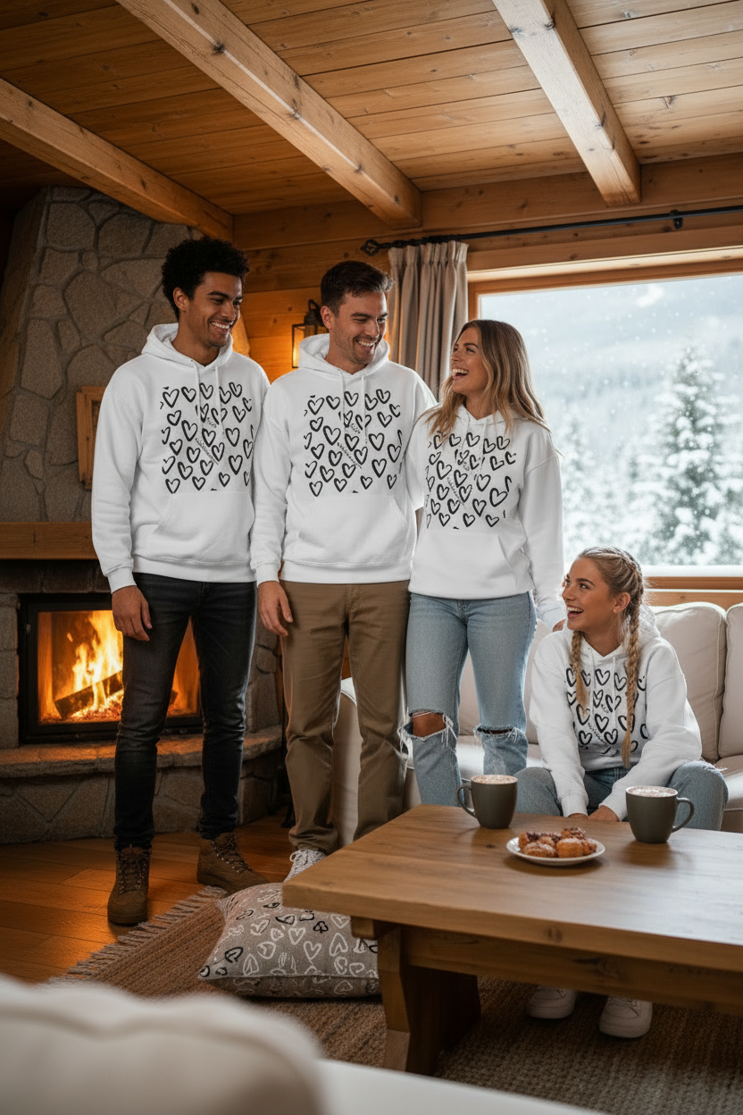 Felpa con cappuccio bianca a cuori neri - gruppo di amici in piedi al rifugio di montagna