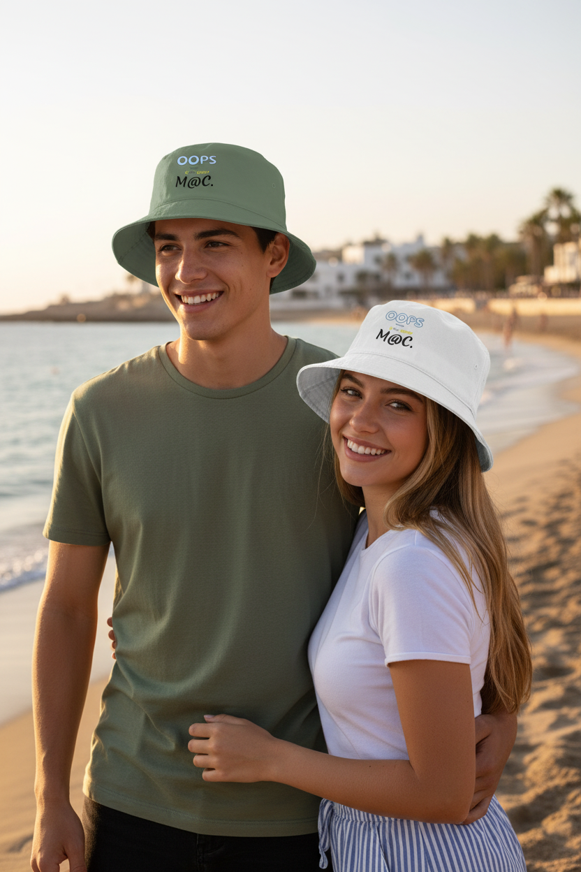 Uomo con cappello pescatore verde salvia e donna con cappello bianco M@C. in spiaggia mediterranea