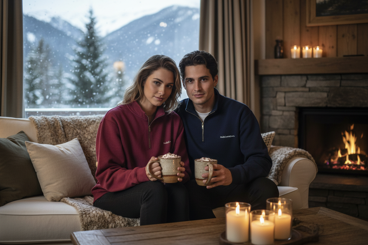Coppia in felpa M@C. con cioccolata calda e neve fuori