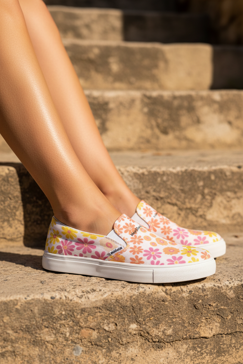 Scarpe slip-on floreali M@C. viste di lato con inserti elastici in evidenza