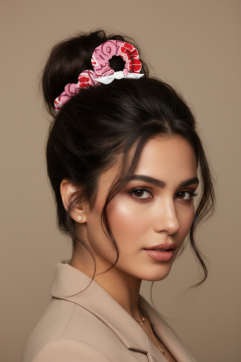 Modella elegante con scrunchie rosa e rosso con fiocco bianco