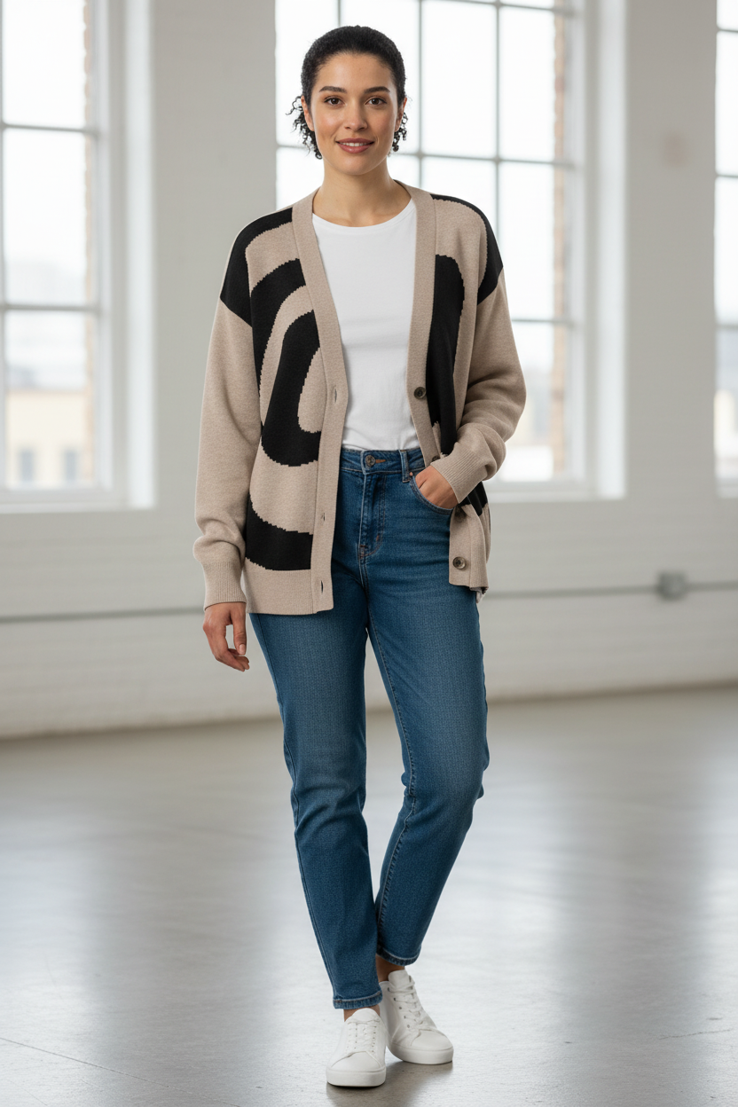 Modella con cardigan in maglia beige M@C. vista frontale