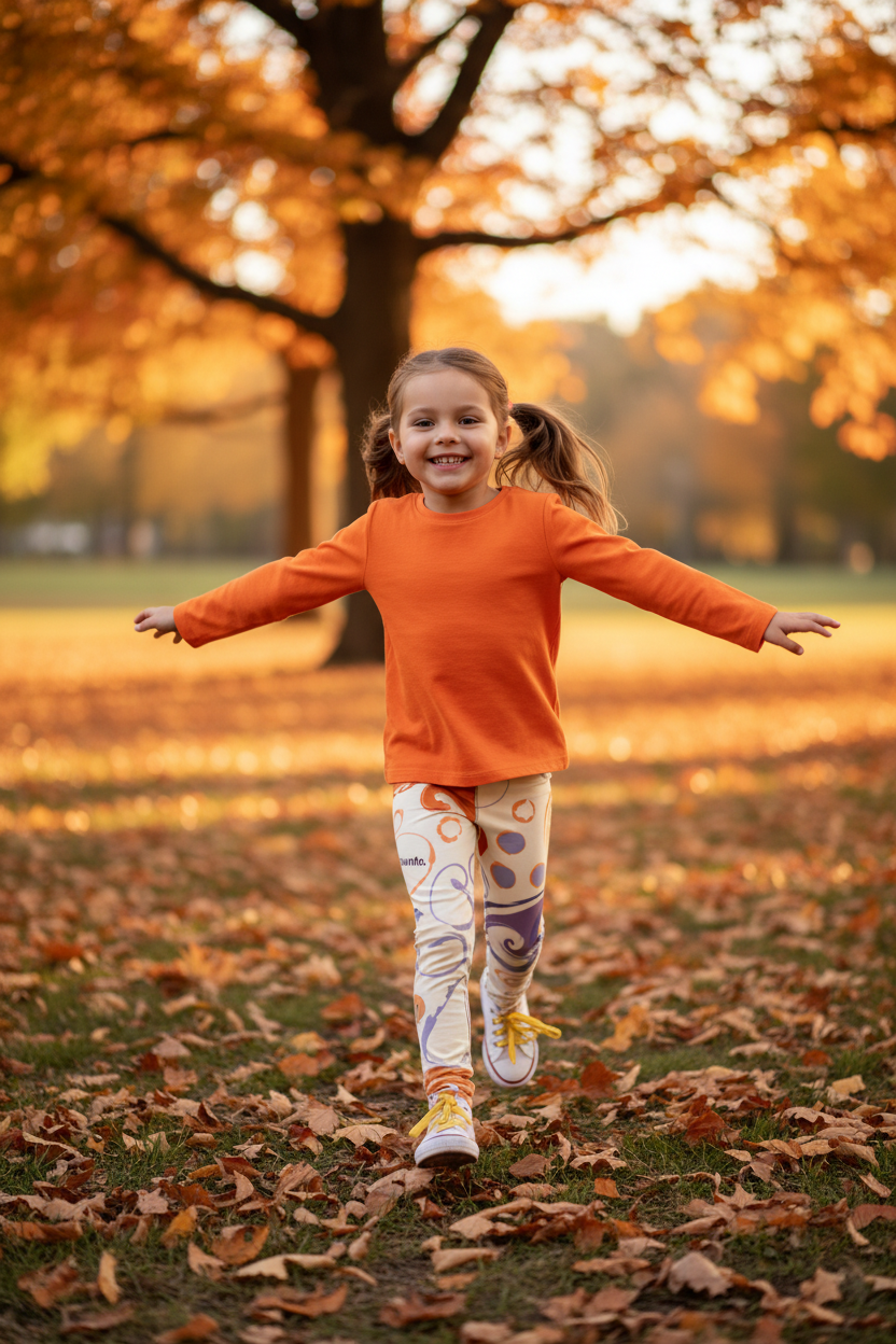 Leggings bambini M@C. - bimba che gioca nel parco autunnale