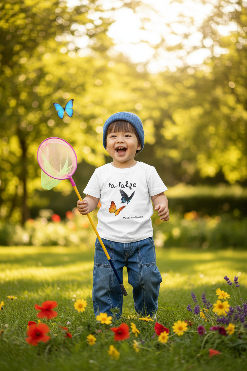 Bimbo con t-shirt farfalle MakeCarin@punto. che gioca all'aperto