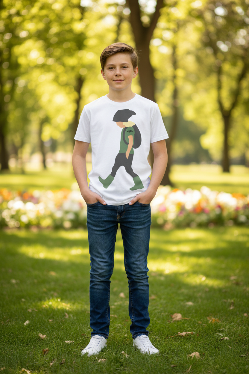 Bambino con t-shirt girocollo stampa all over M@C. vista frontale