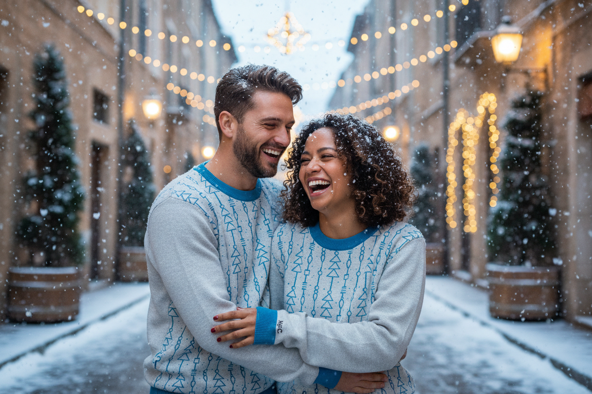 Maglione girocollo coppia uomo donna sotto la neve
