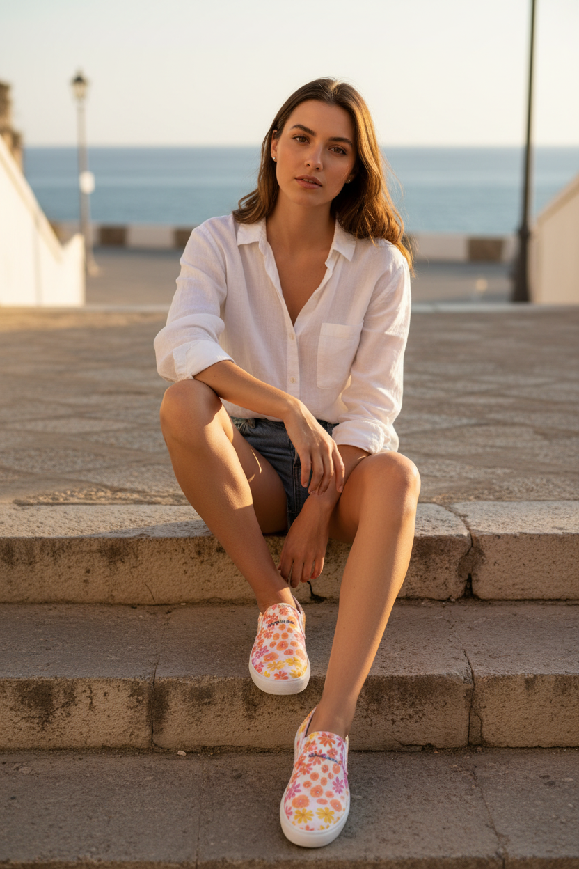 Donna con scarpe slip-on floreali rosa arancio giallo M@C. su promenade mediterranea