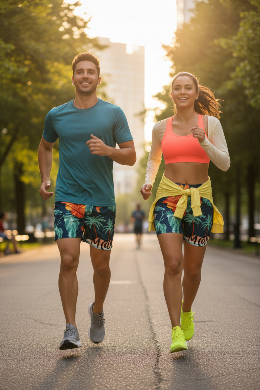Uomo e donna con pantaloncini sportivi stampa all over M@C. in un parco urbano
