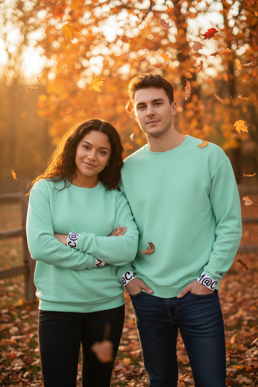 Uomo e donna con felpa verde menta M@C. logo sui polsini, ambientazione autunnale outdoor