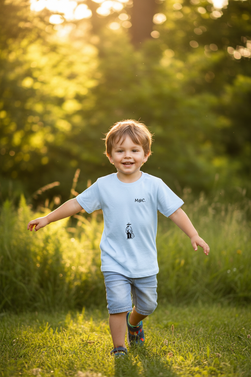 Bambino con t-shirt stampa all over M@C. all'aperto, luce naturale calda