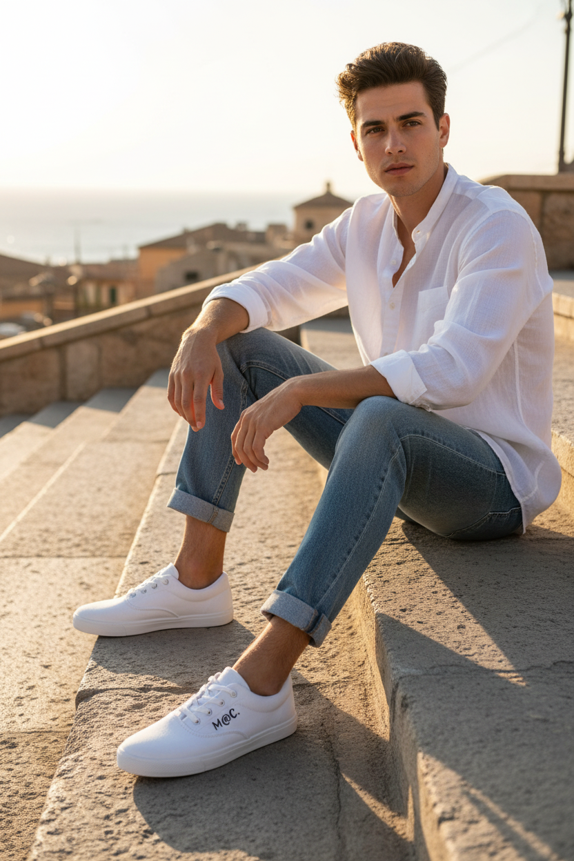 Ragazzo con scarpe di tela bianche M@C. in ambientazione urbana mediterranea