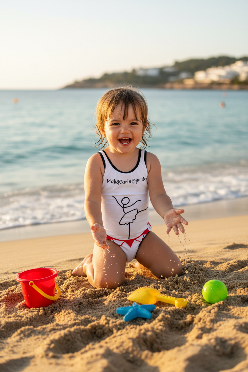 Bambina con costume intero stampa all over M@C. su spiaggia mediterranea