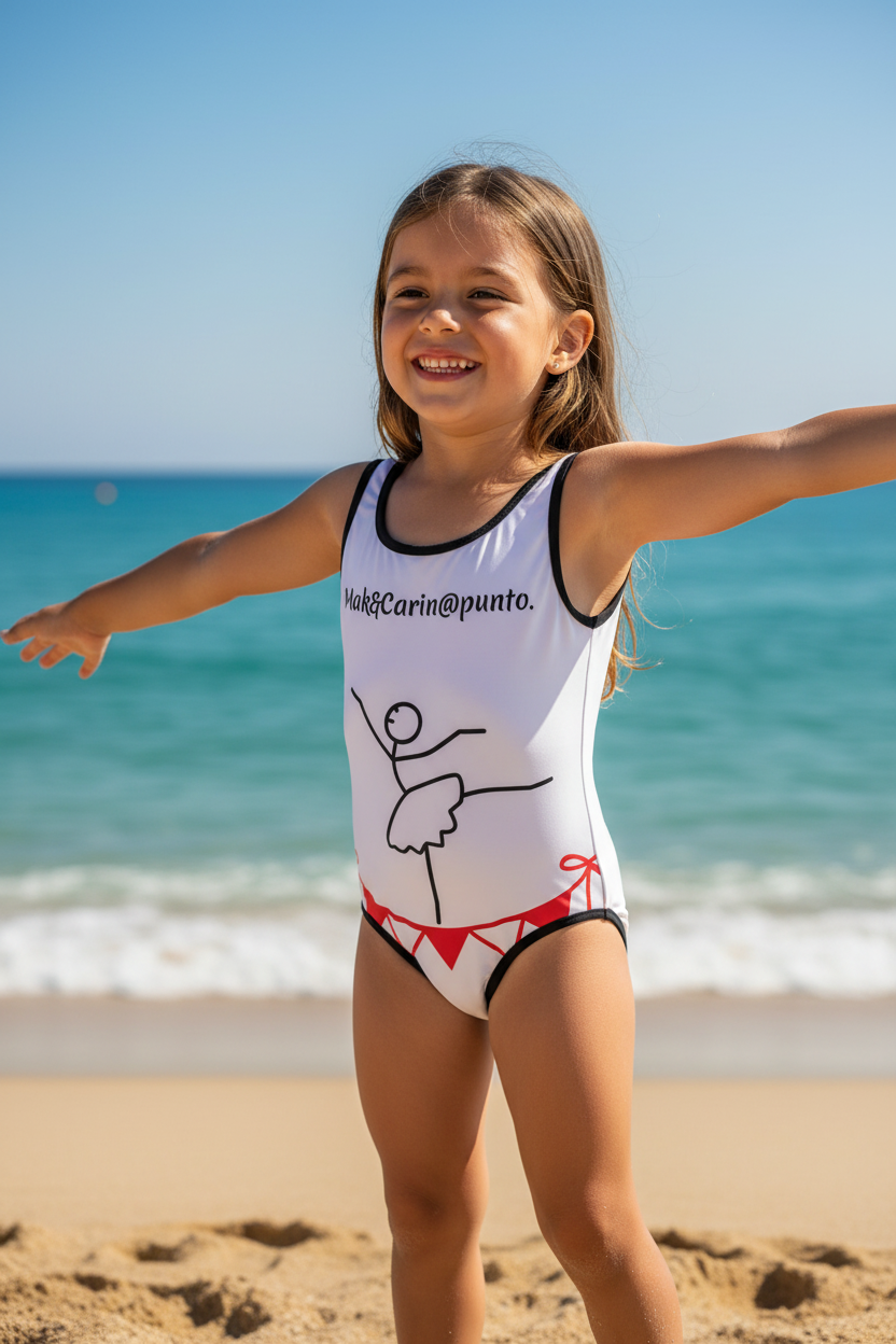 Bambina con costume intero stampa all over M@C. su spiaggia mediterranea