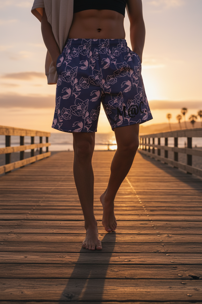 Shorts sportivi floreali a passeggio al tramonto sul lungomare